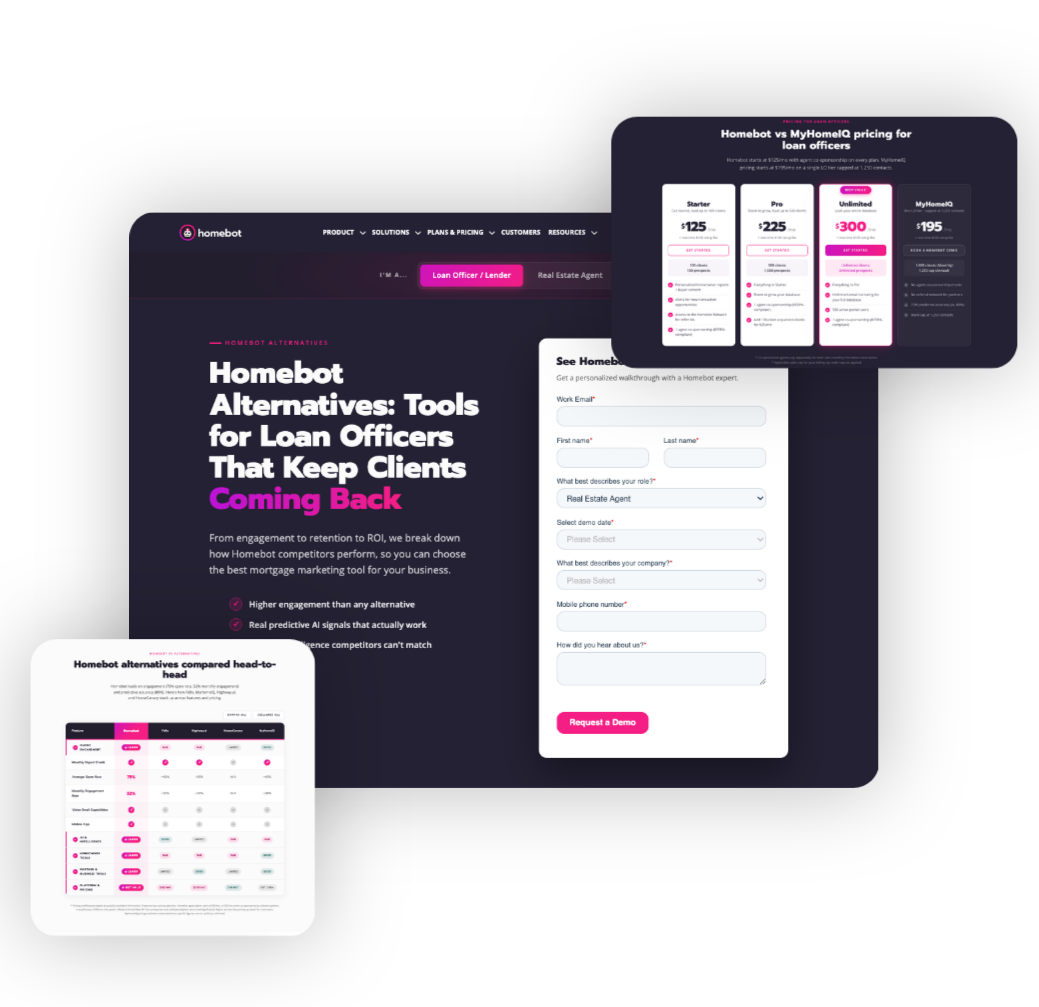 Homebot non-branded content and AEO work: blog content, the Homebot Alternatives comparison page, and keyword rankings.