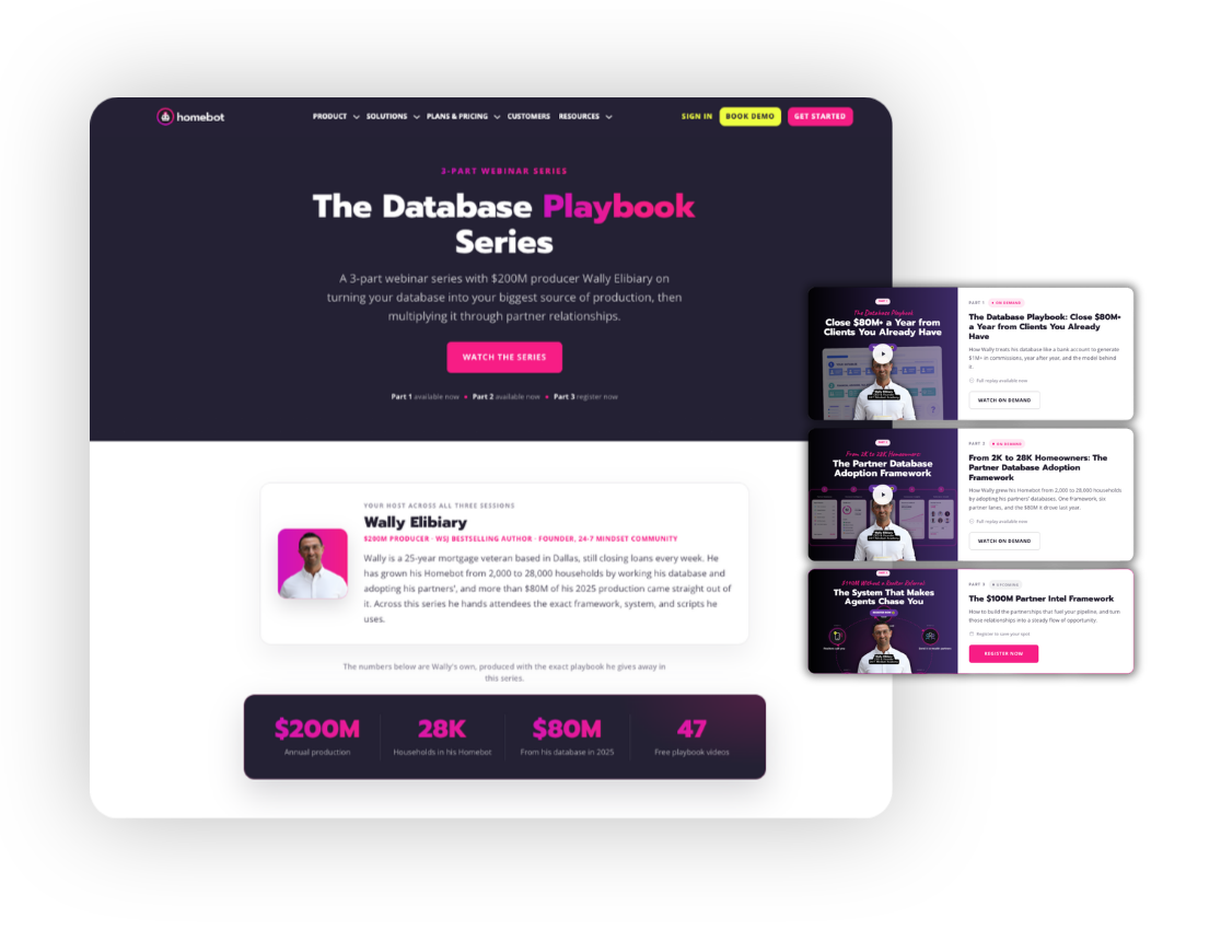 Homebot partner webinar series: on-demand webinar landing pages and event promotion.