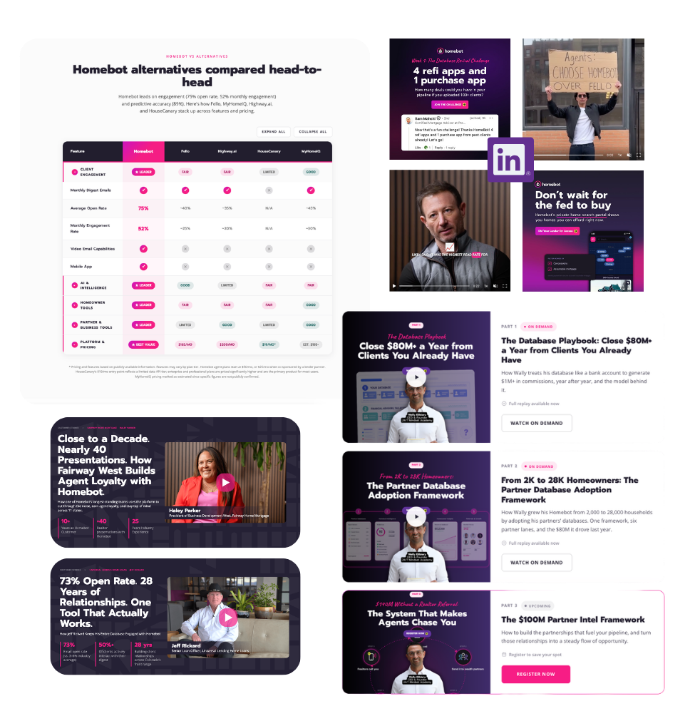 A showcase of Ethic's work for Homebot: a head-to-head Homebot alternatives comparison page, LinkedIn social posts, an on-demand partner webinar series, and customer story videos.